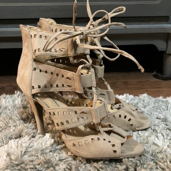 Nude Lace-up Cutout Heels 7 - Picture 1 of 4